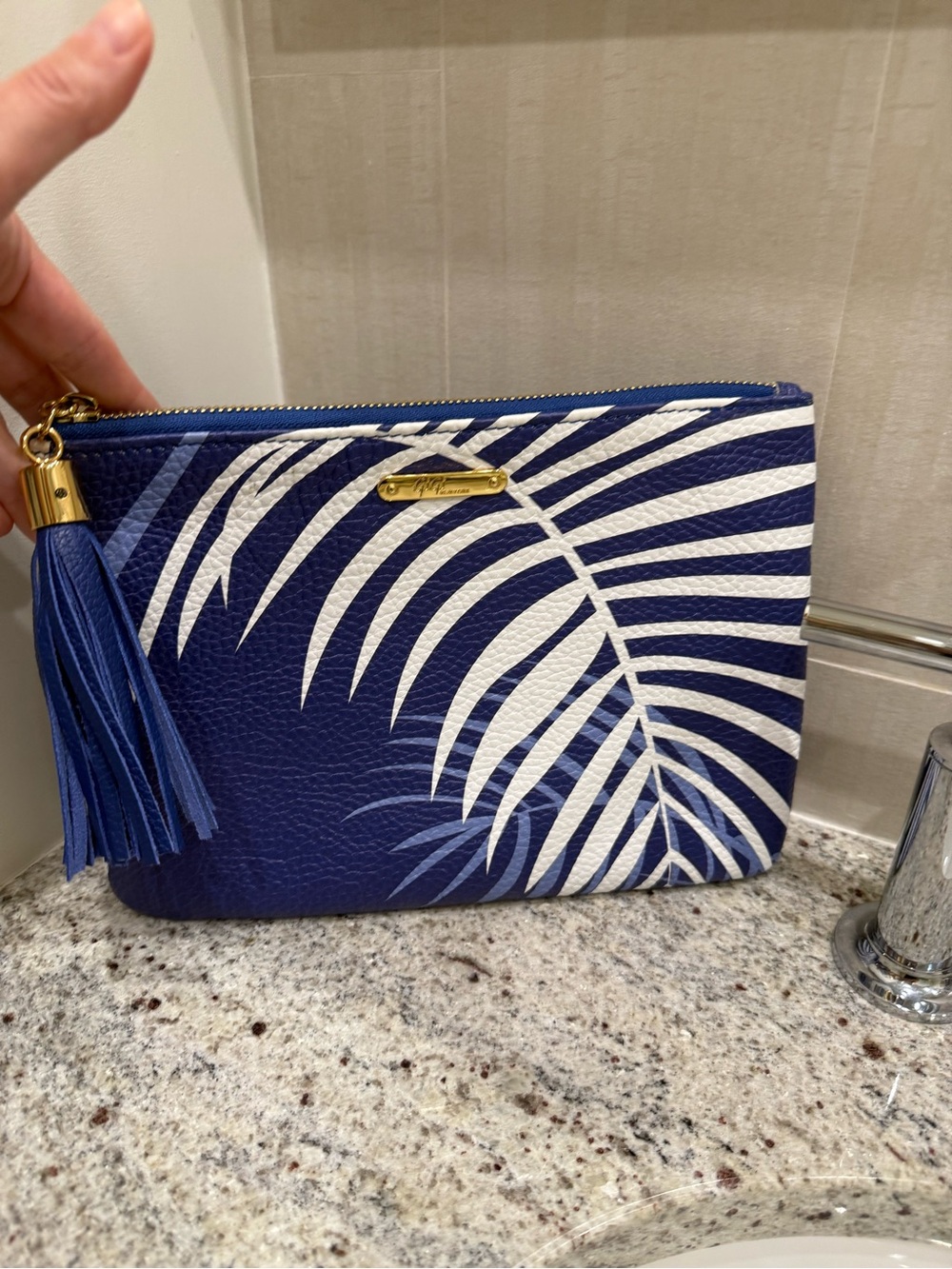 GiGi New York Navy and White Palm-Print Tassel Clutch